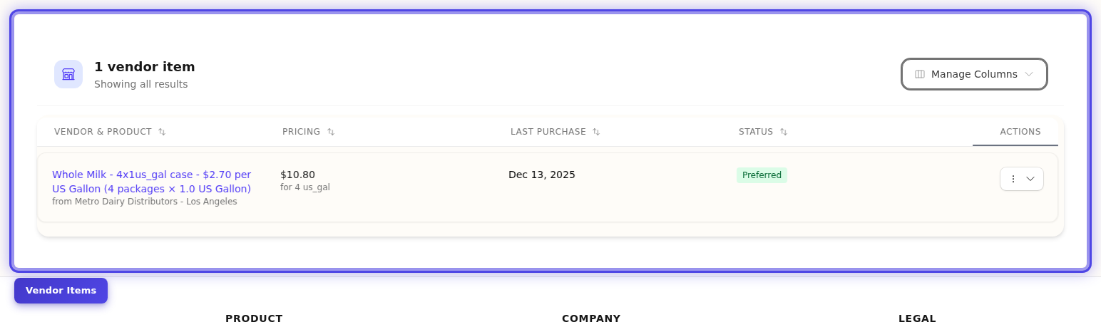 Vendor Items Section