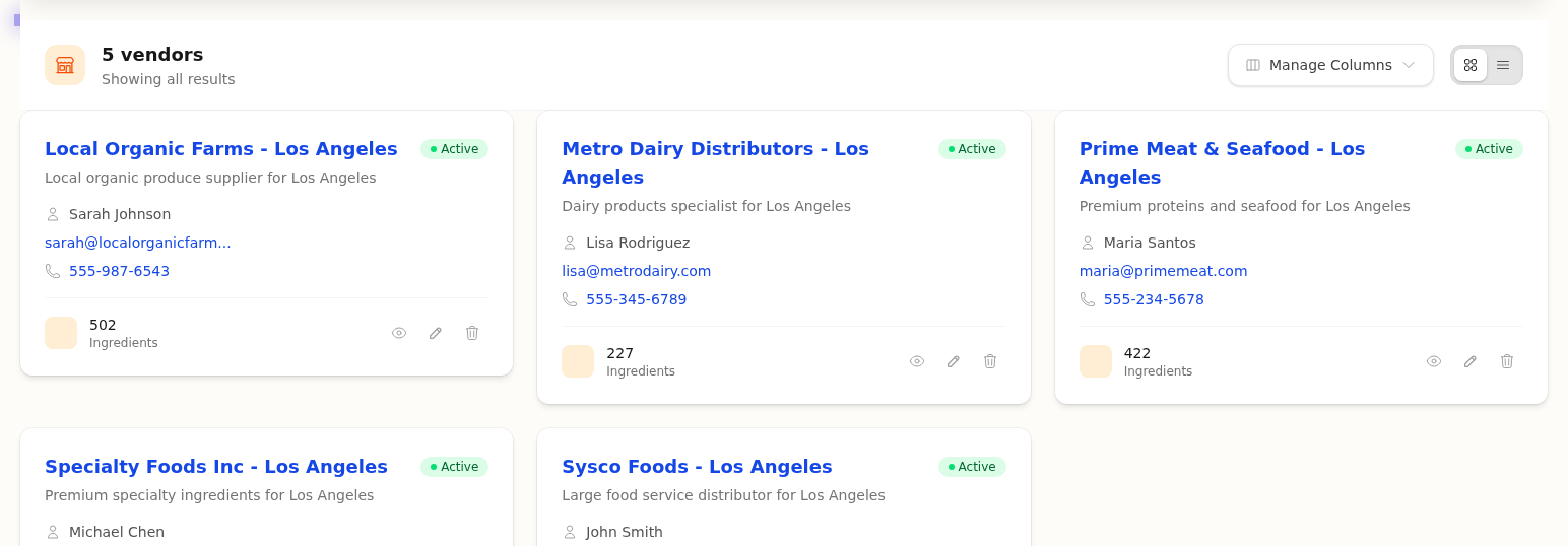Vendor Cards with Ingredient Count